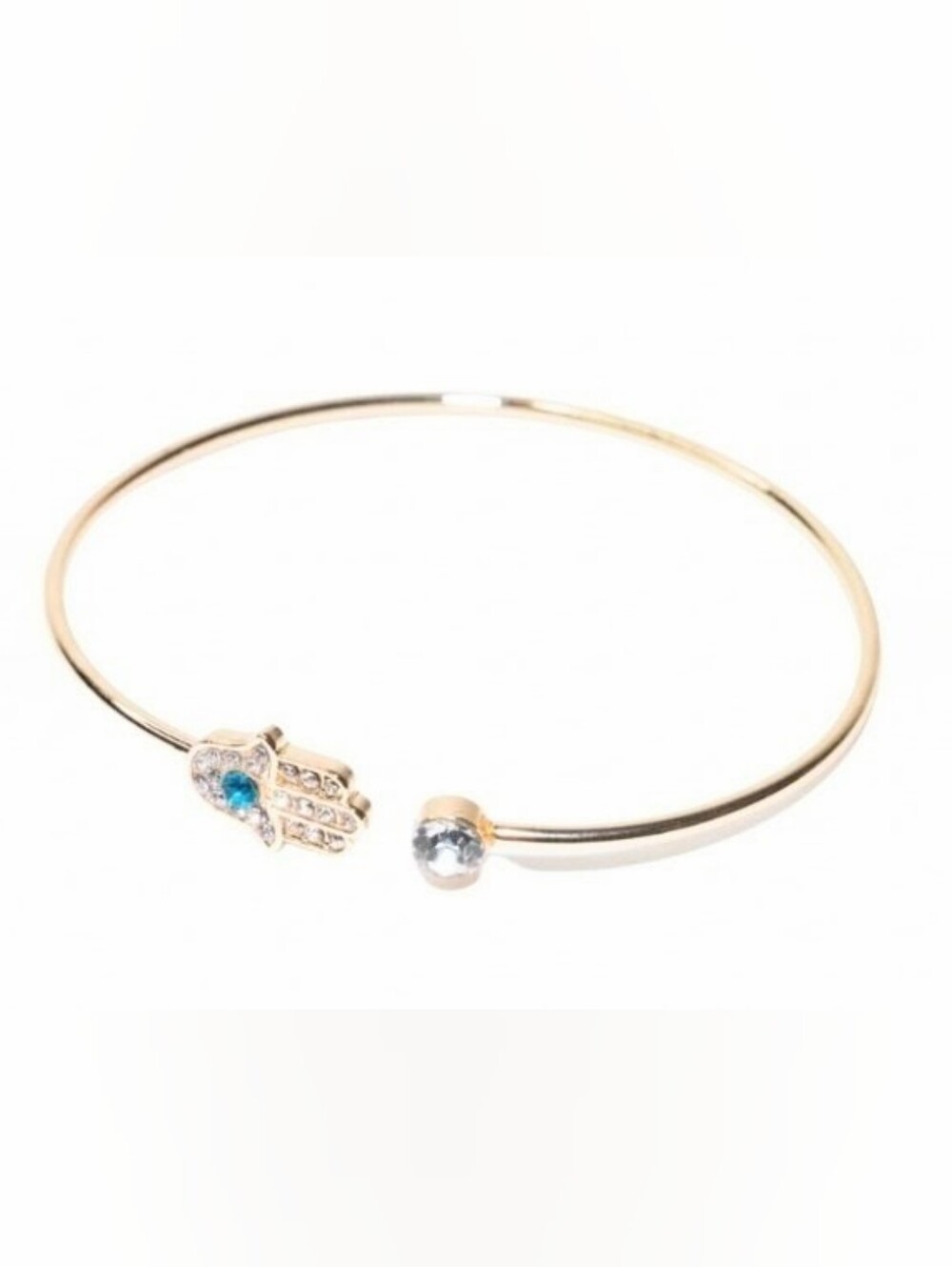 NWOT Gold-Tone Open Bangle Bracelet w/Rhinestone Hamsa & Clear Stone